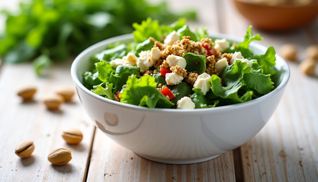Salade composée avec des légumes frais, du fromage de chèvre et des pistaches concassées ajoutées pour le croquant