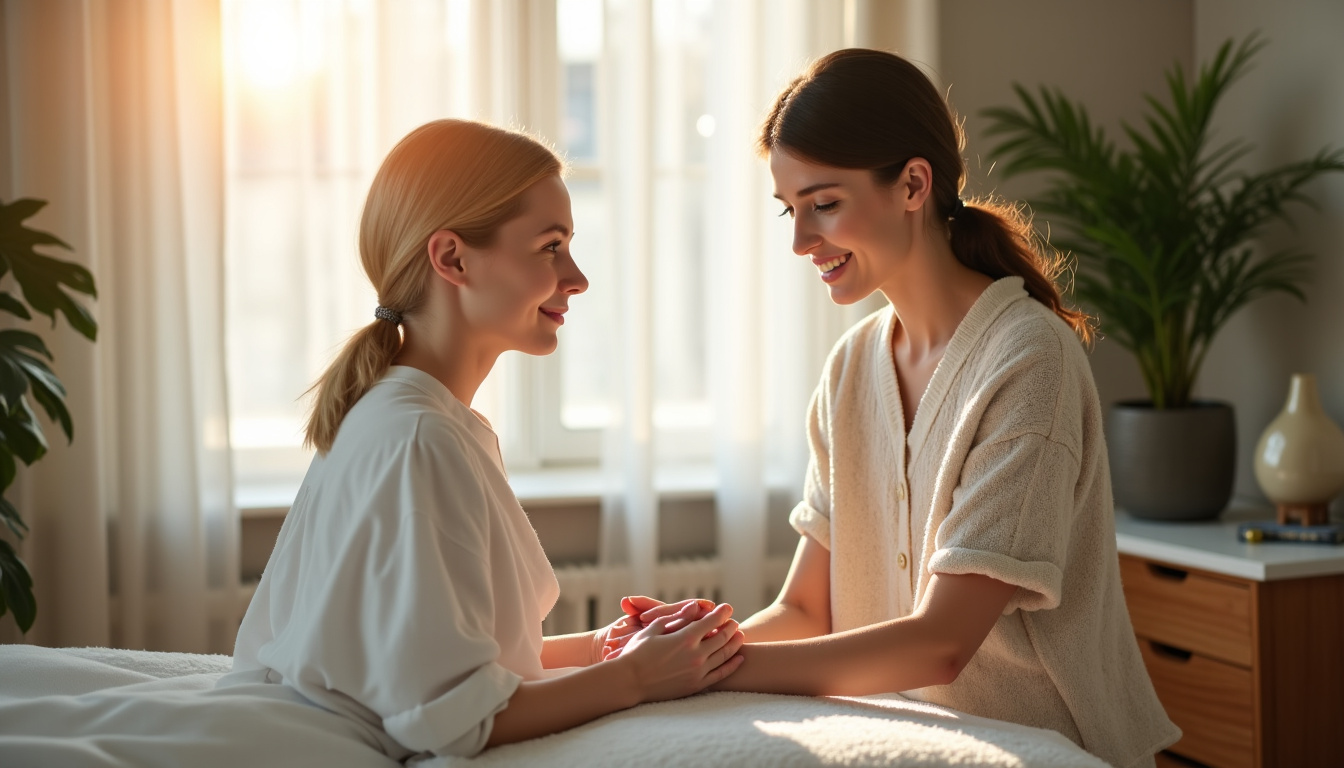 Stagiaire en formation énergétique en cabinet avec un praticien expérimenté