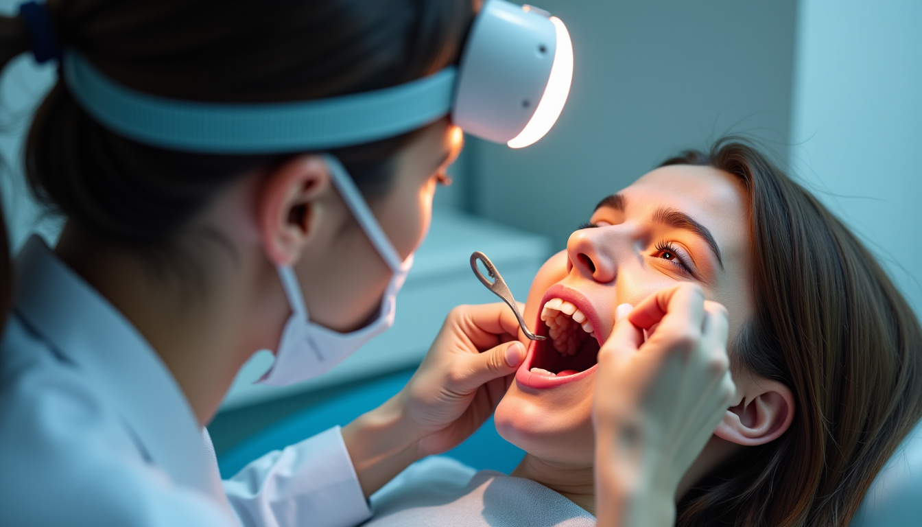 Un stomatologue en train de réaliser un examen clinique buccal avec un spéculum et une lampe frontale