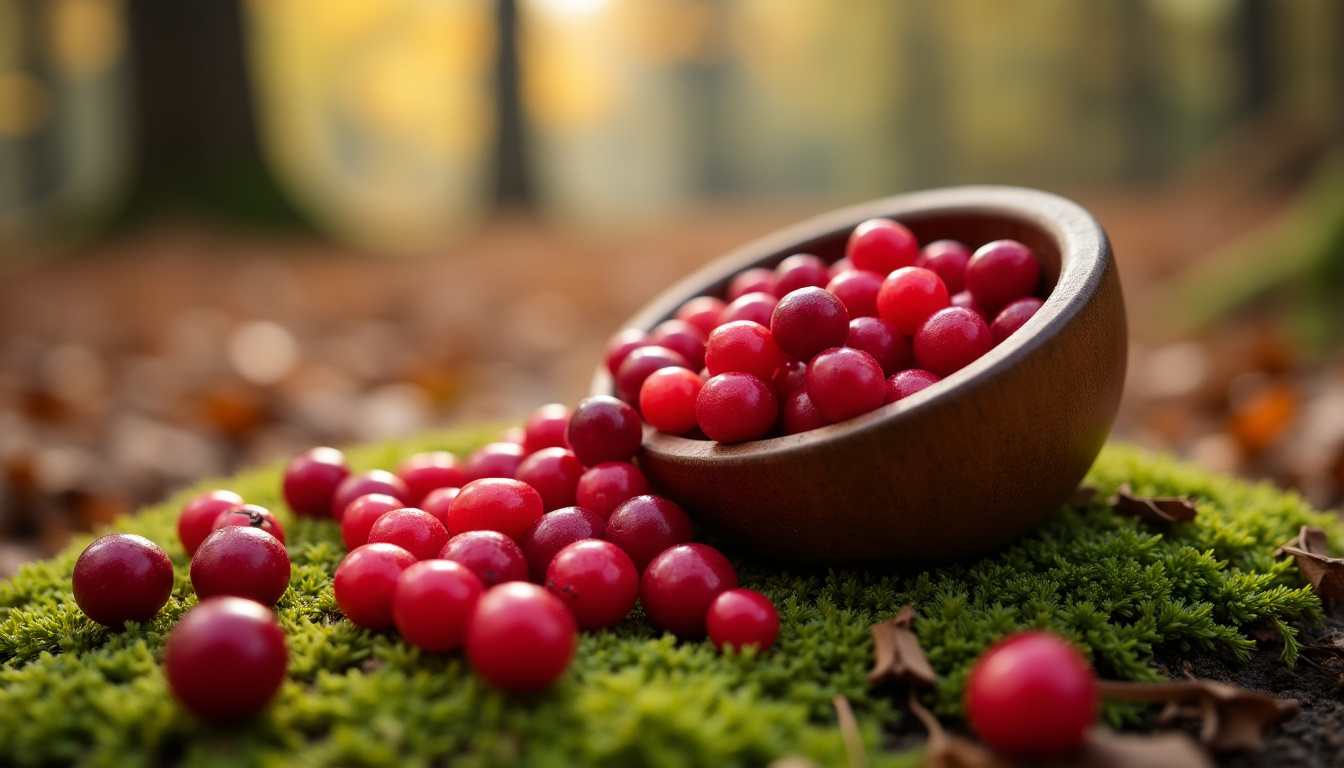 Baies de cranberry fraîches disposées dans une tasse en bois, sur un fond naturel