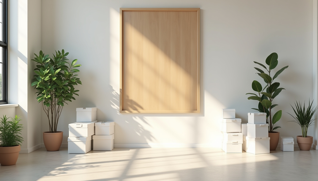 Panneau de livraison écologique, emballages blancs minimalistes, décor intérieur moderne.