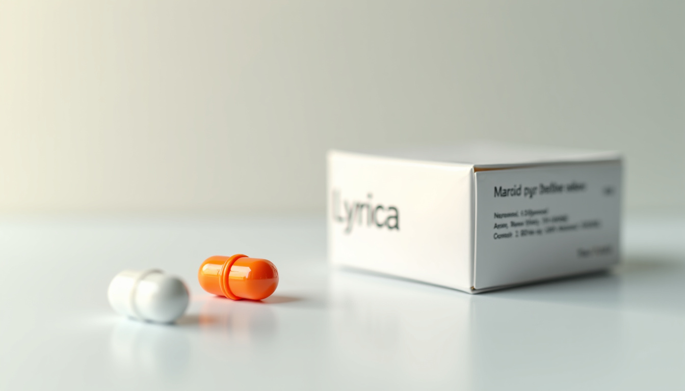 Boîte de Lyrica et gélules blanches et orangeposées sur une surface claire