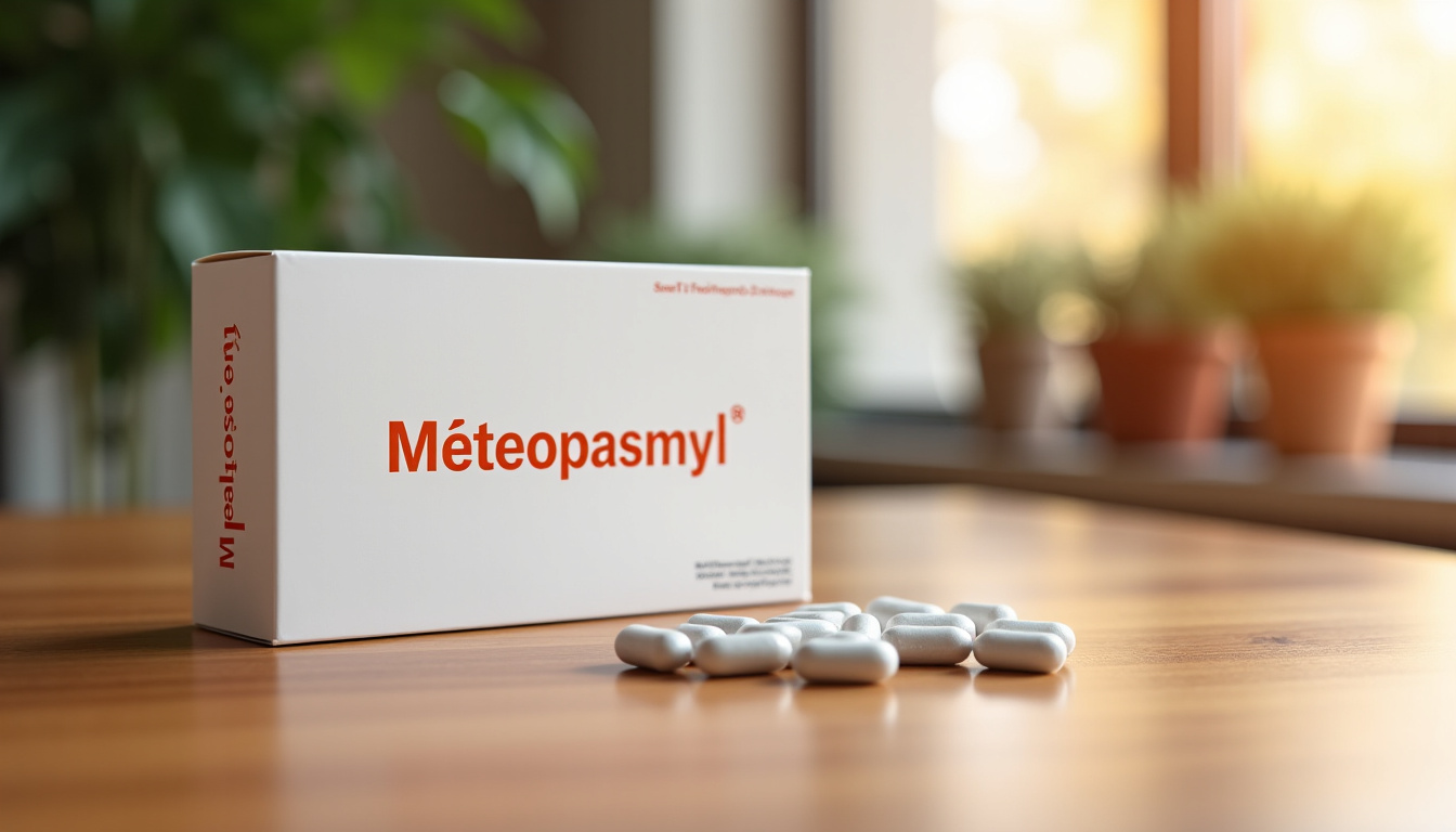 Boîte de Méteospasmyl et capsules molles posées sur une table en bois