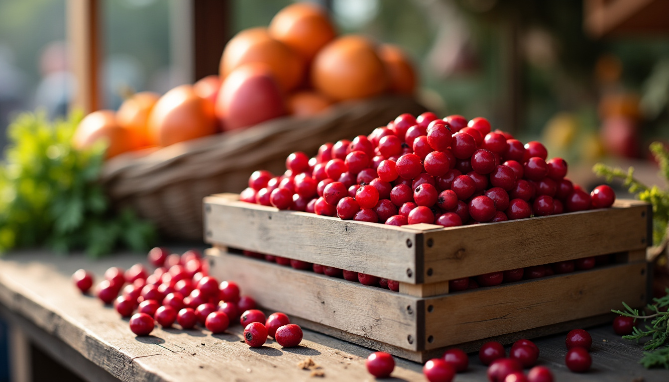 Caissette de cranberries fraîches exposée sur un étal de marché local