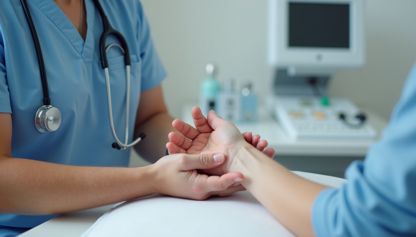 Médecin réalisant un test de Phalen sur un patient pour diagnostiquer le syndrome du canal carpien