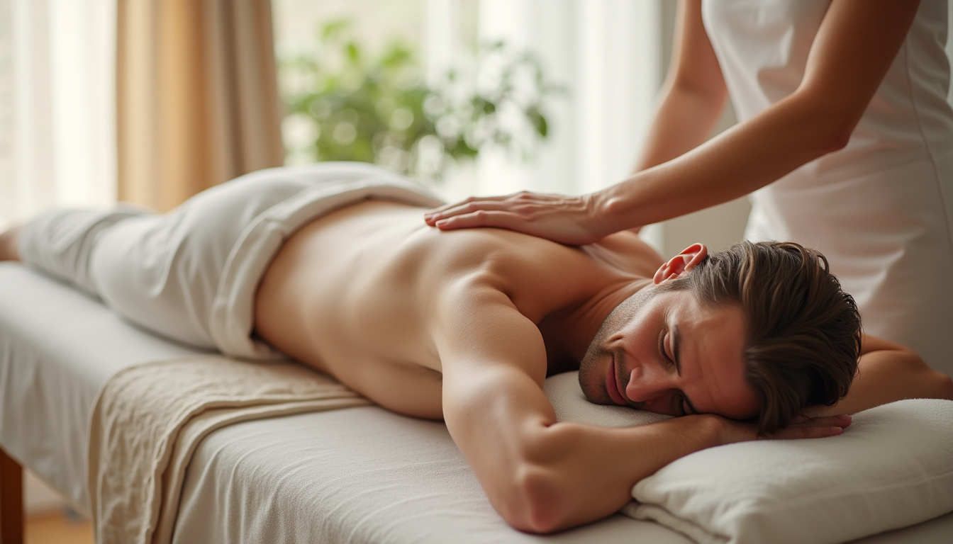 Consultation d’un étiopathe avec un patient allongé, mains posées sur le dos