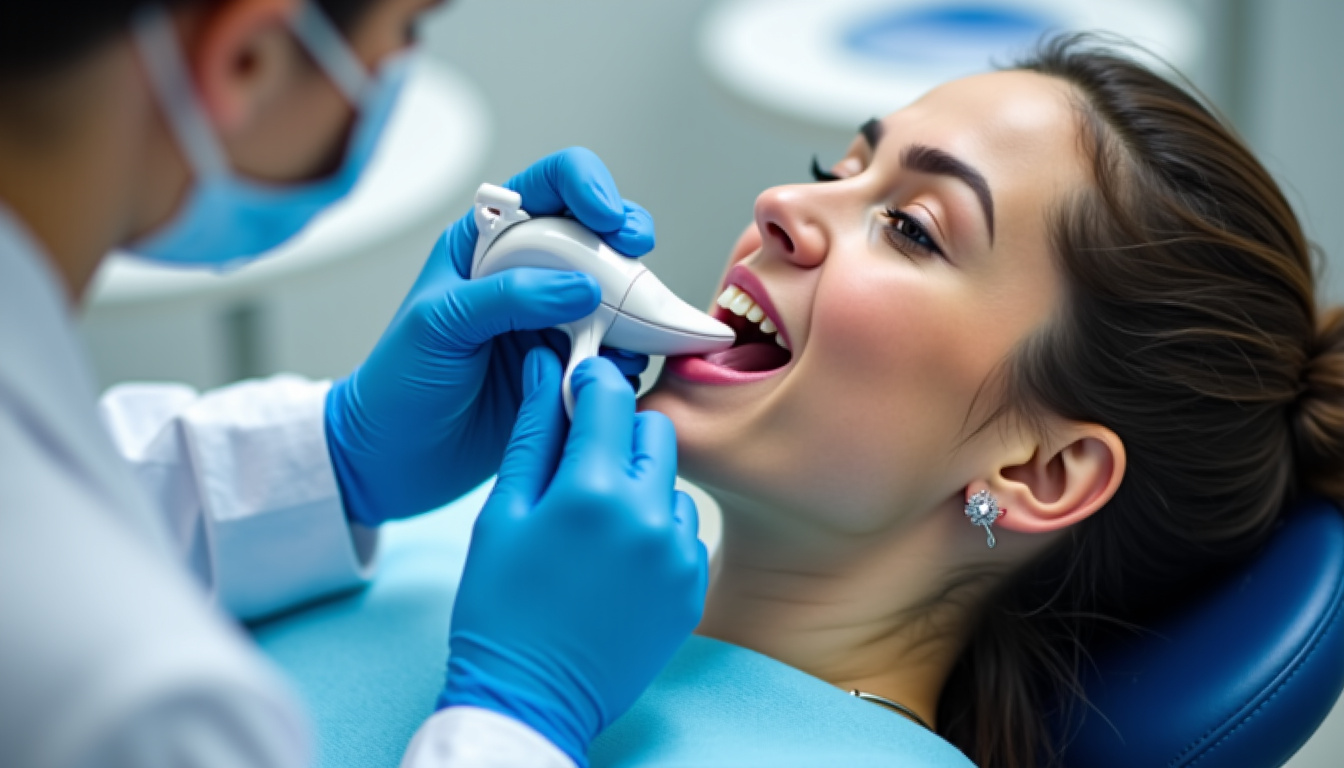 Dentiste utilisant un scanner intraoral pour préparer une couronne en céramique