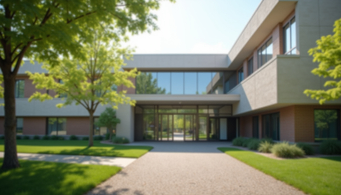 Entrée de la Faculté libre d’étiopathie de Lyon, bâtiment moderne entouré d