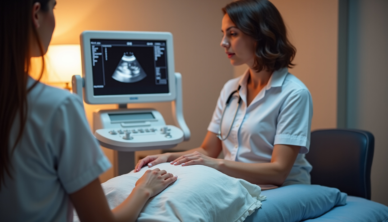 Équipe médicale réalisant une échographie pelvienne dans un centre d