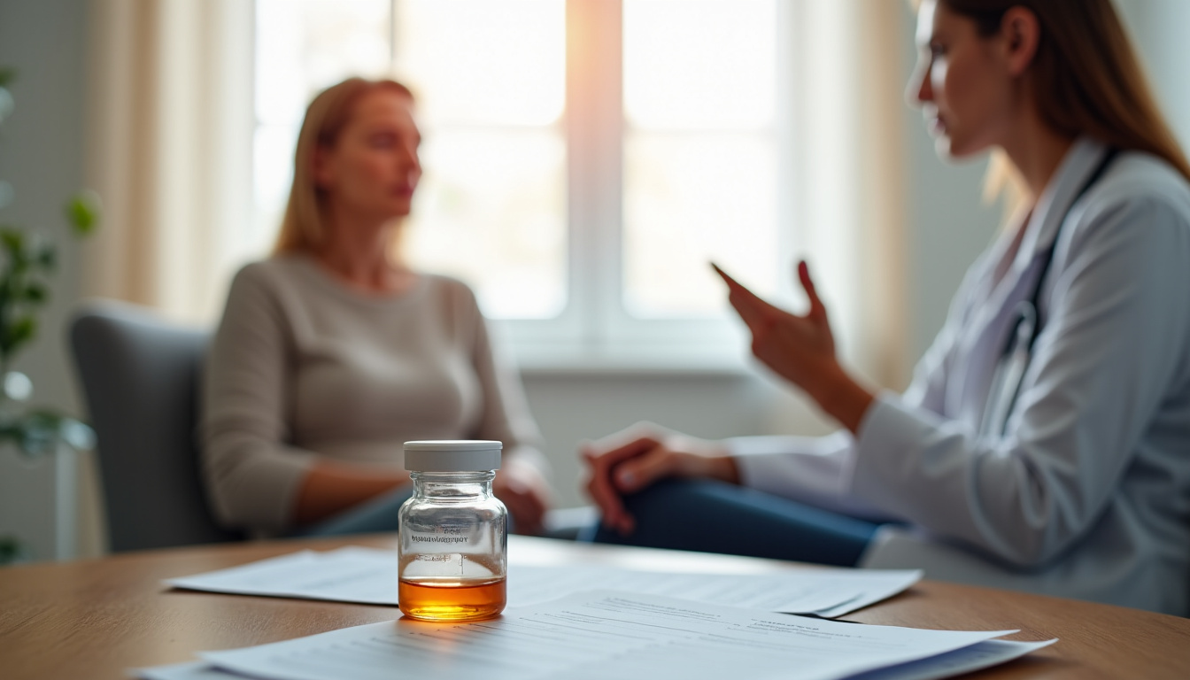 Femme en consultation médicale avec un flacon de Wegovy et une ordonnance sur la table