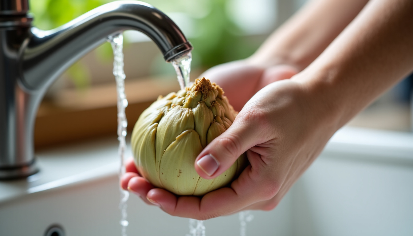 Main en train de brosser soigneusement un topinambour frais sous un filet d