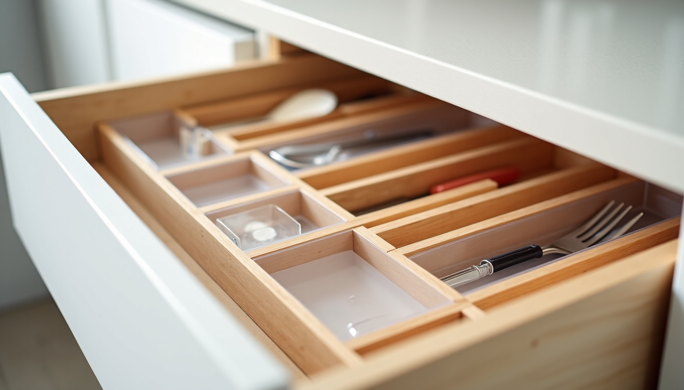 Organisateurs de tiroirs modulables en bambou et plastique transparent dans un tiroir de cuisine propre