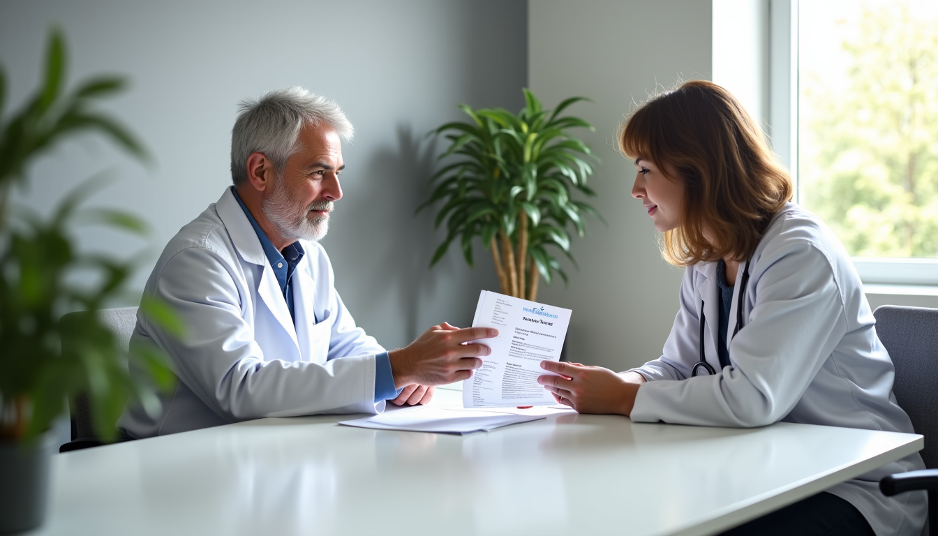 Patient consultant son ordonnance Acupan avec son médecin