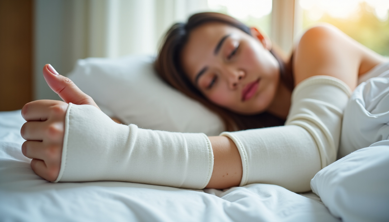 Patient portant une attelle nocturne pour le traitement du syndrome du canal carpien