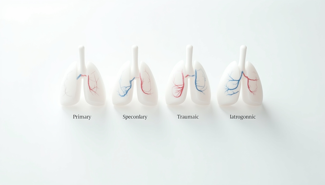 Représentation schématique des différents types de pneumothorax: spontané primaire, secondaire, traumatique et iatrogène
