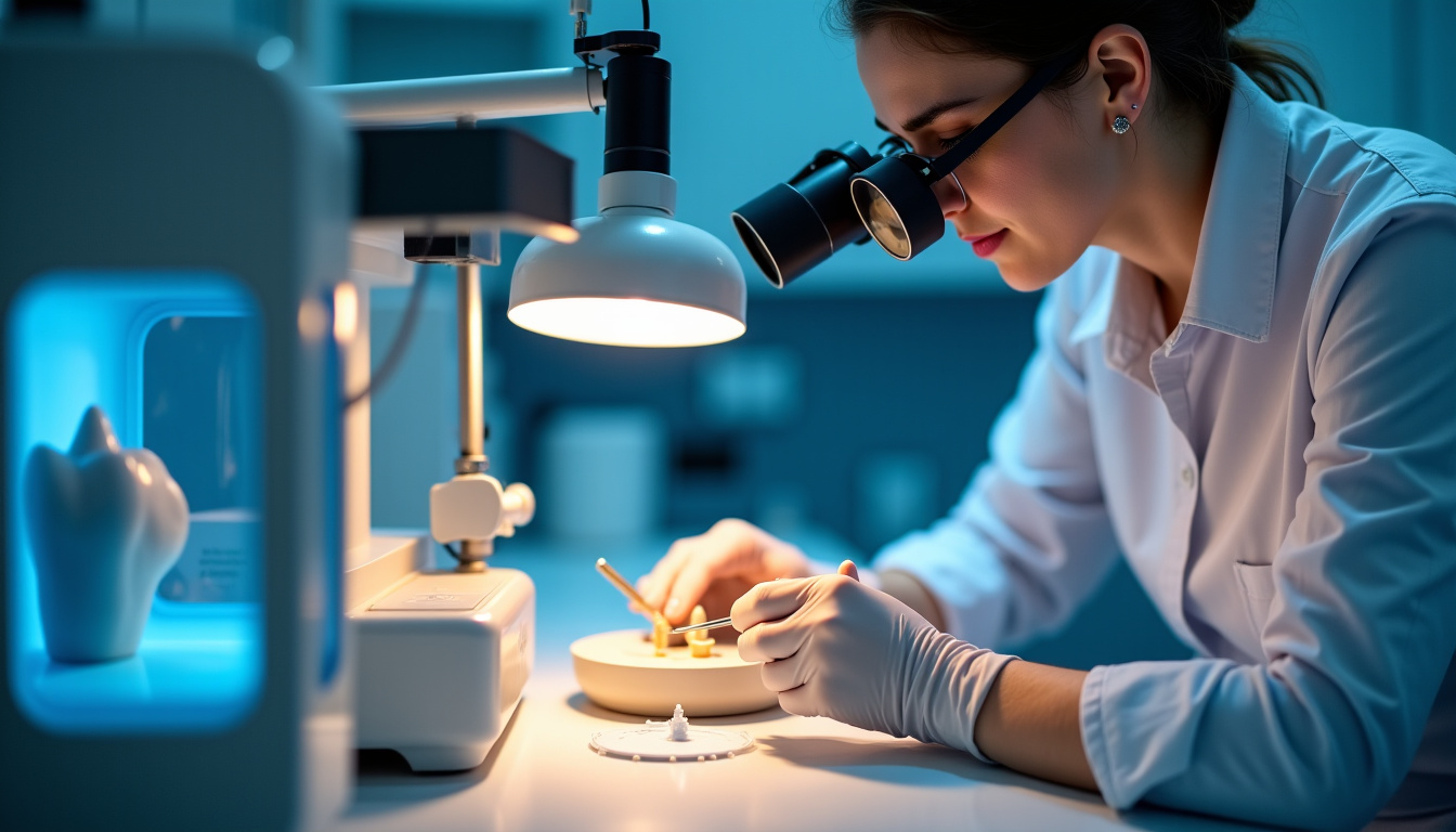 Prothésiste dentaire travaillant sur une couronne en céramique dans un laboratoire équipé de scanners et d’imprimantes 3D