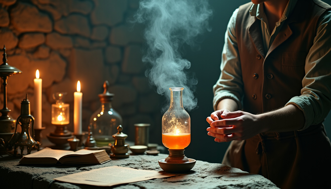 Représentation d’un alchimiste manipulant des fioles contenant de l’acide chlorhydrique au Moyen Âge