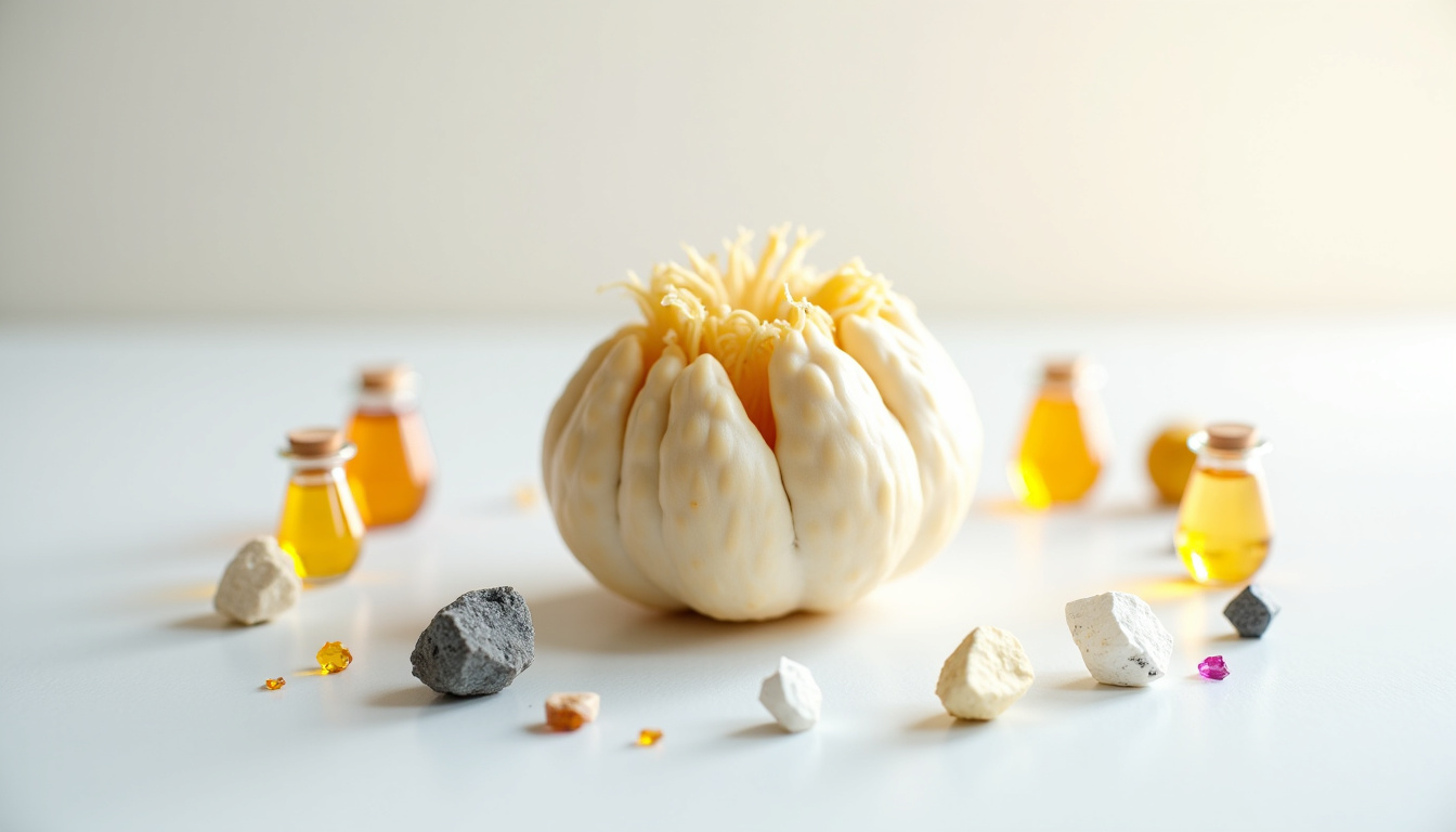 Représentation schématique des nutriments présents dans un topinambour frais, entouré de symboles de fibre, de vitamines et de minéraux