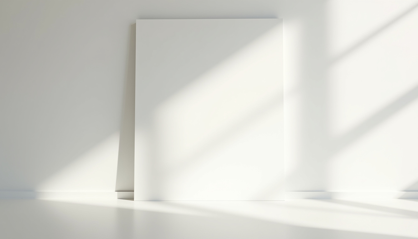 Panneau blanc avec ombres lumineuses, intérieur minimaliste et épuré.