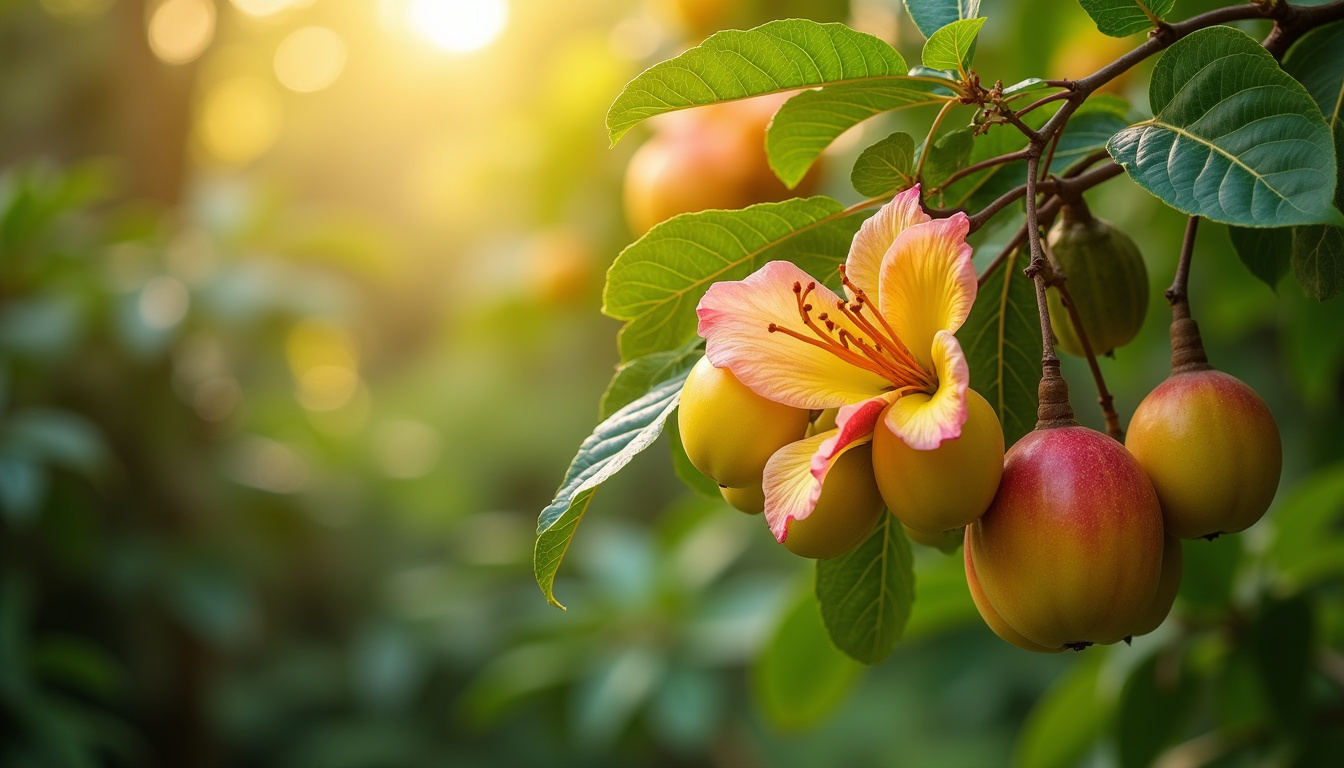 Anacardier en pleine floraison avec fruits et noix de cajou visibles