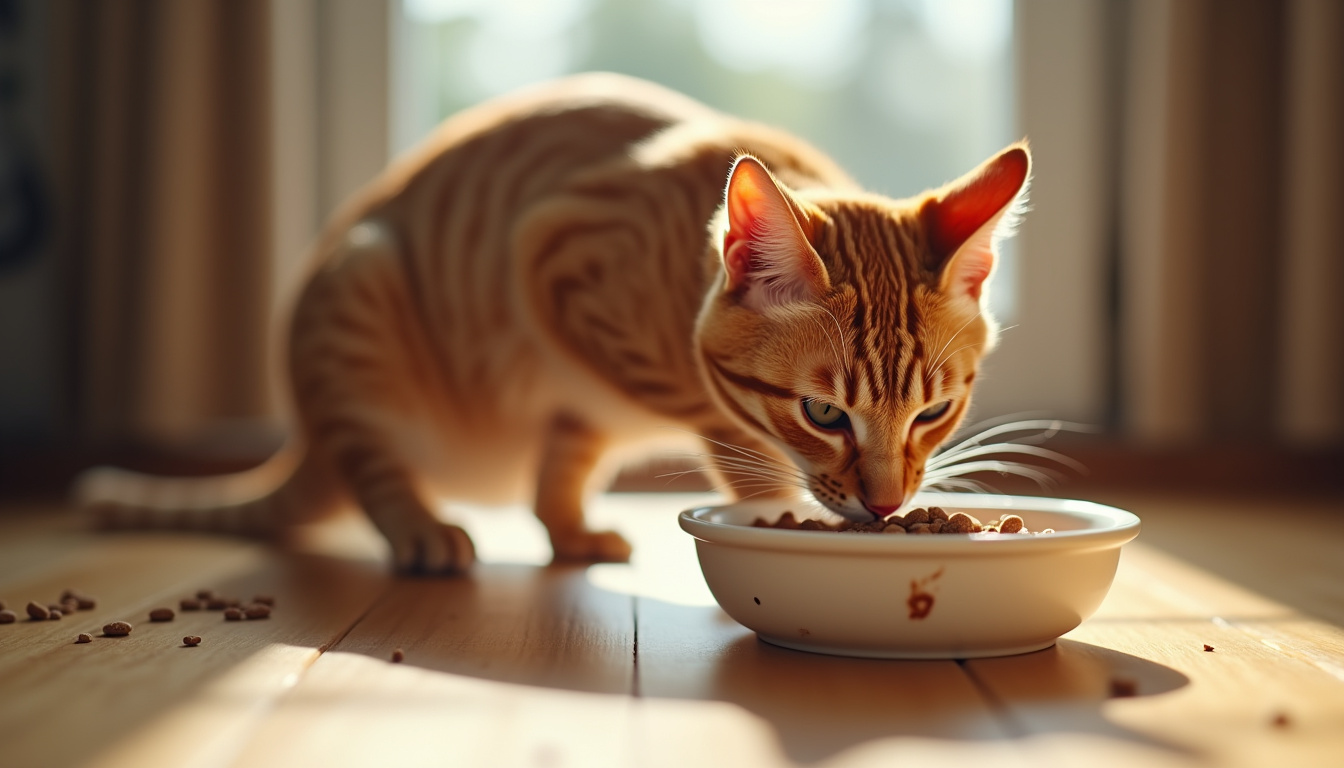 Chat en train de manger des croquettes dans une gamelle en céramique