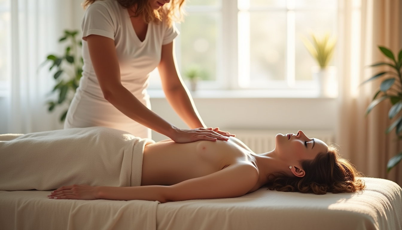 Femme consultant un ostéopathe en cabinet à Miribel, séance de palpation douce sur le dos