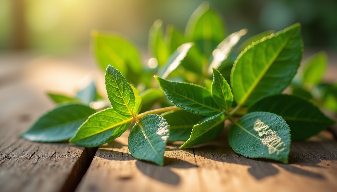 Feuilles de verveine citronnée fraîches posées sur une surface en bois