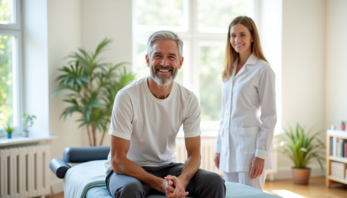 Patient souriant après une séance d'ostéopathie à Miribel, soulagement visible