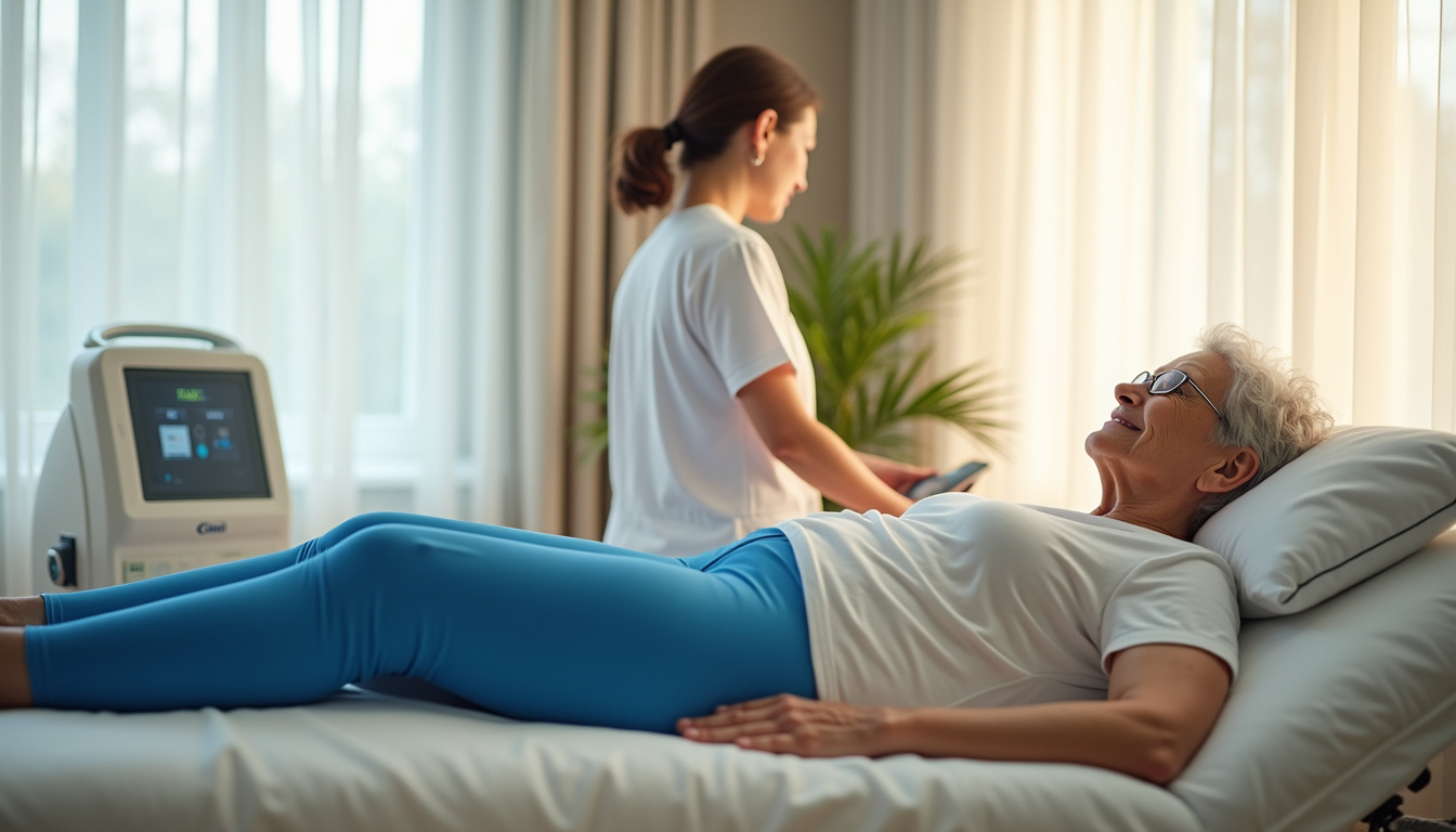 Personne âgée recevant une séance de pressothérapie en position allongée
