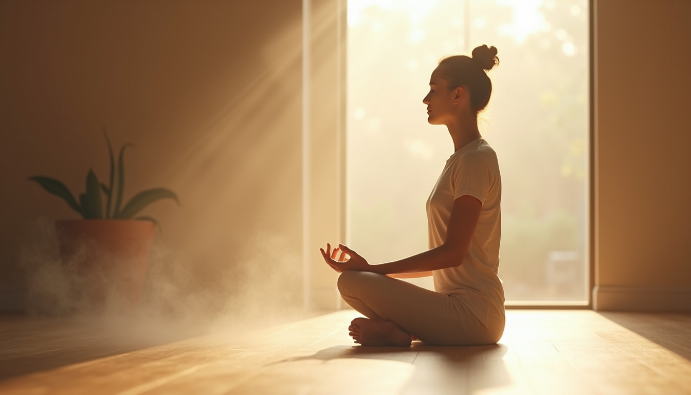 Personne assise en méditation, les yeux fermés, concentrée sur sa respiration en pleine conscience