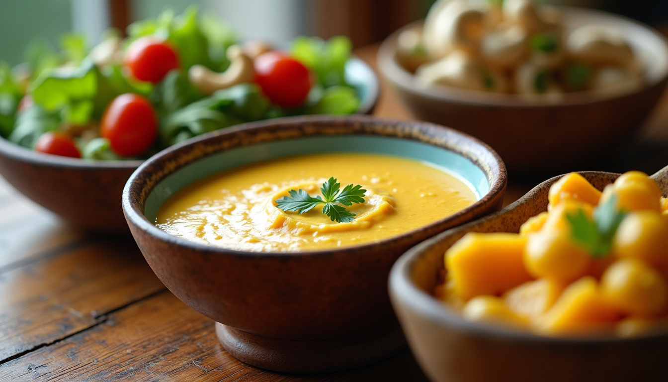 Préparation de recettes à base de noix de cajou: salade, curry et sauce crémeuse