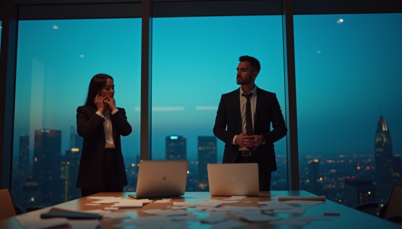 Représentation d'un couple d'entrepreneurs dans un cadre professionnel, préparant une présentation importante avant que la situation ne déraille