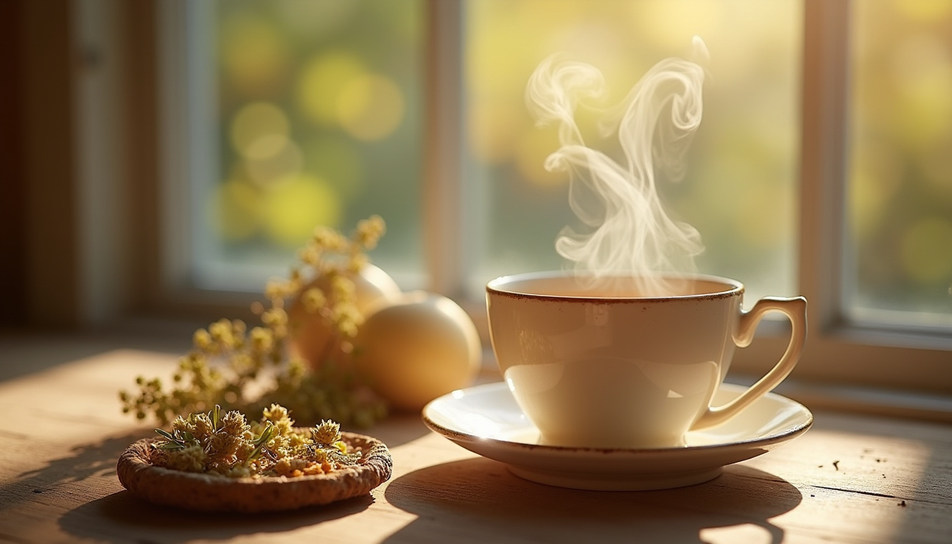 Tasse d'infusion de verveine fumante posée sur une table en bois