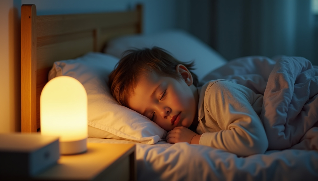 Un enfant s’endort paisiblement dans son lit, une veilleuse allumée à côté