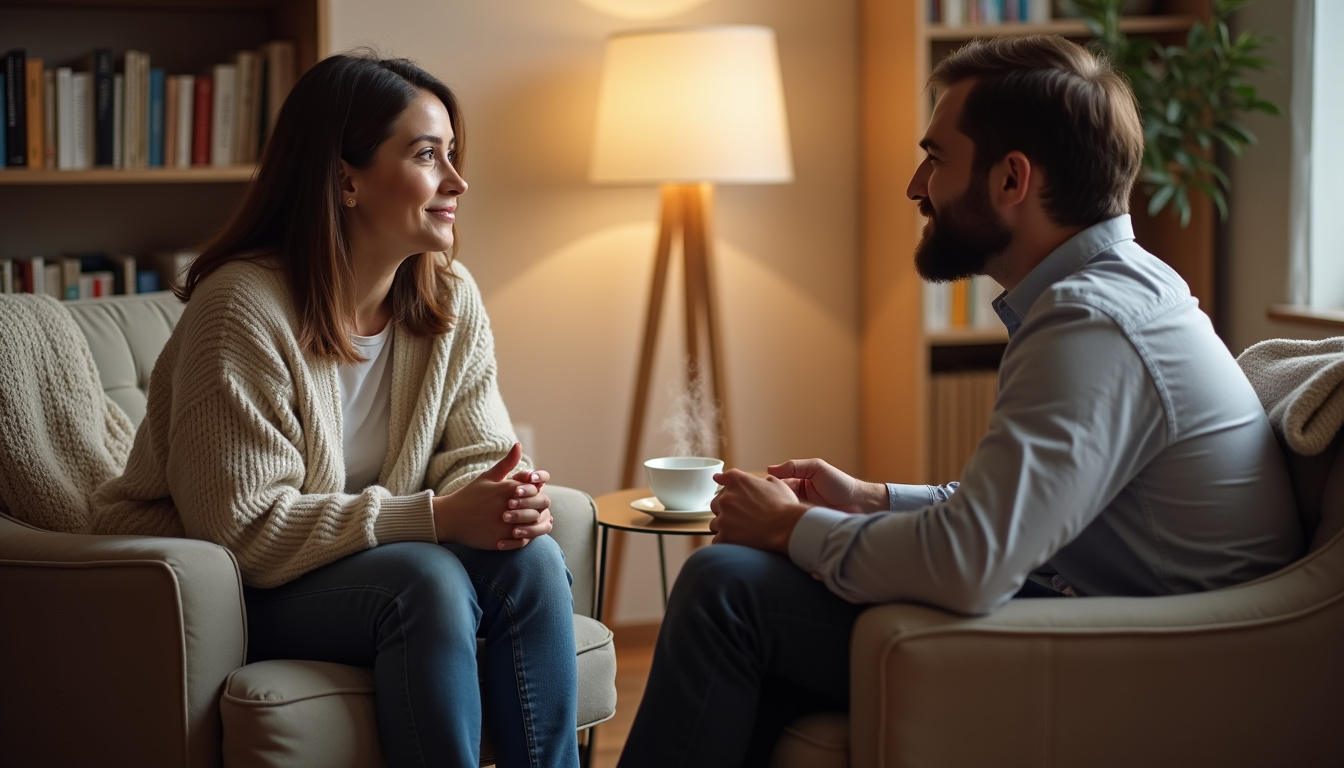 Discussion entre un patient et un hypnothérapeute en cabinet, ambiance calme et confidentielle