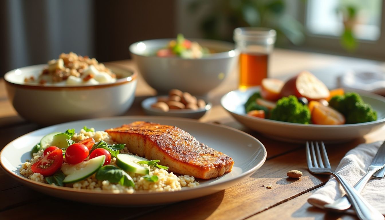 Exemple d'une journée alimentaire équilibrée, avec petit-déjeuner, déjeuner, collation et dîner