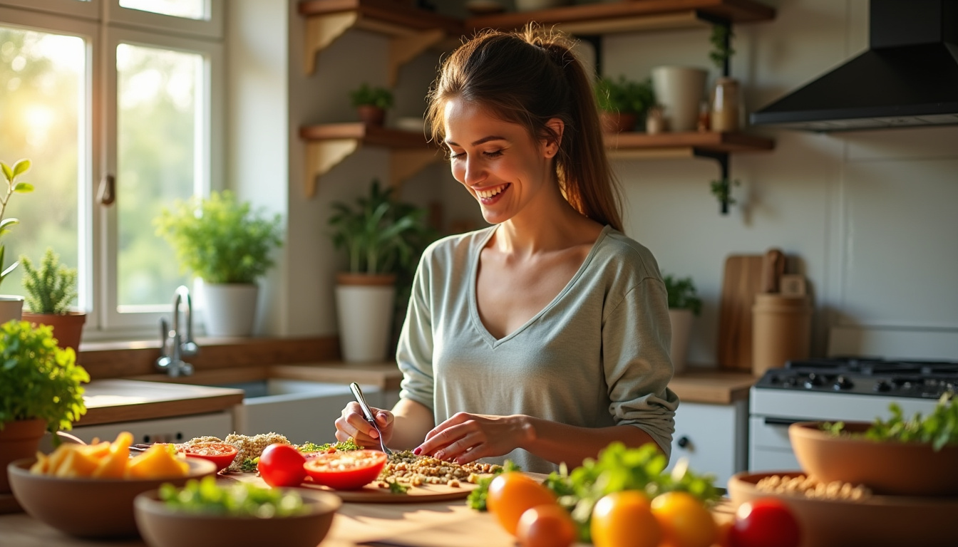 Femme souriante en train de préparer un repas équilibré avec des légumes frais, des céréales complètes et des protéines végétales