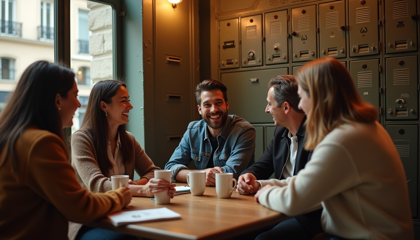 Groupe de personnes discutant autour d'une table lors d'un café déconnexion à Paris, téléphones rangés dans des casiers