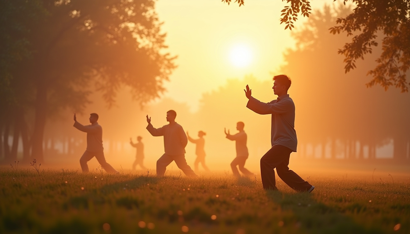 Groupe de personnes pratiquant le tai-chi en plein air au lever du soleil, dans un parc paisible