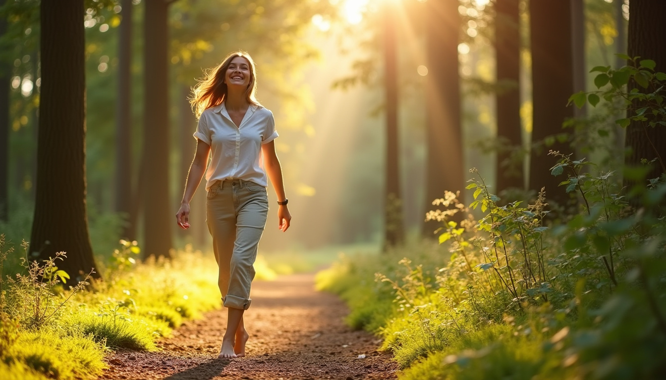 Illustration d’une personne marchant dans la nature, souriante, après avoir arrêté de fumer