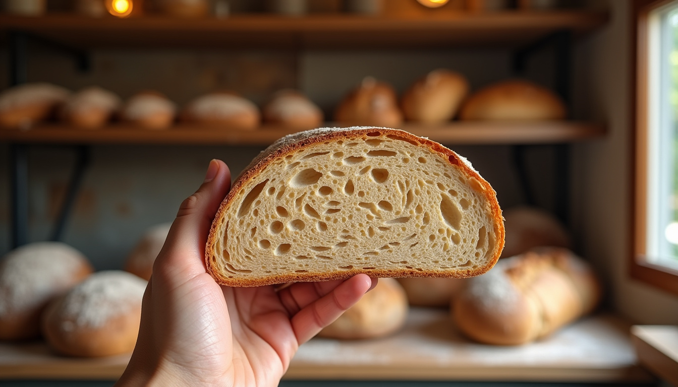 Main tenant un pain complet dans une boulangerie avec d'autres pains à l'arrière-plan