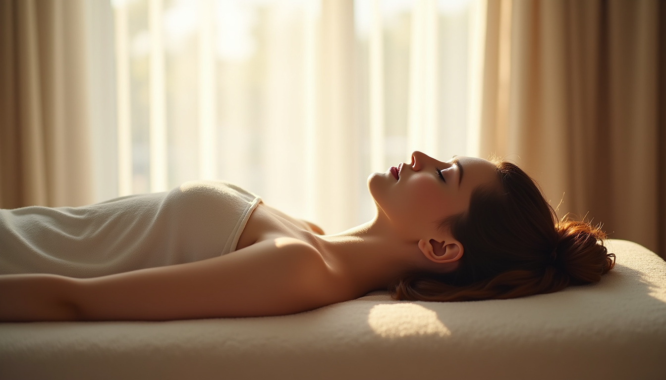 Personne en état de relaxation profonde pendant une séance d’hypnose, yeux clos, expression sereine