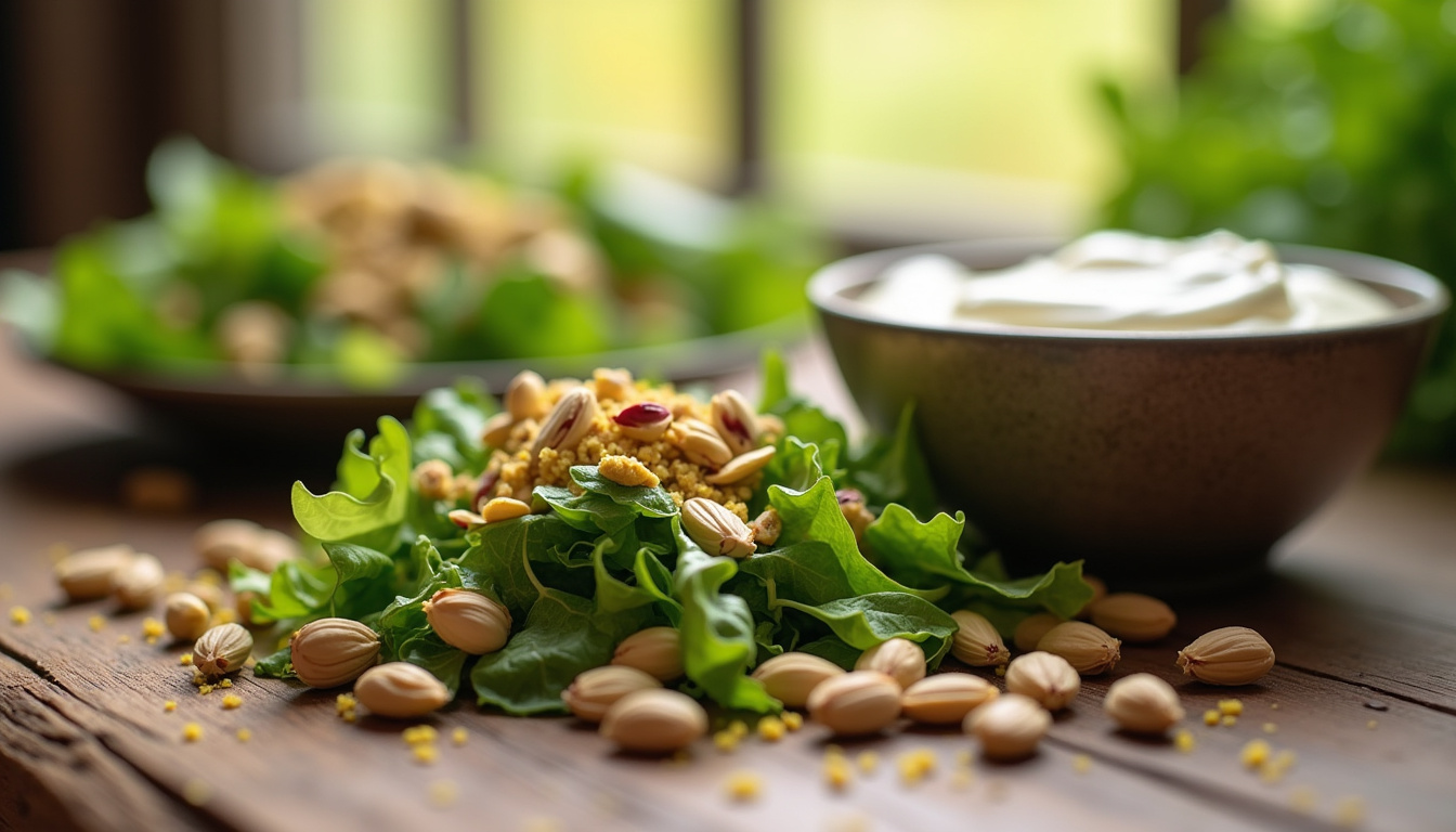 Pistaches concassées sur une salade composée et un yaourt nature