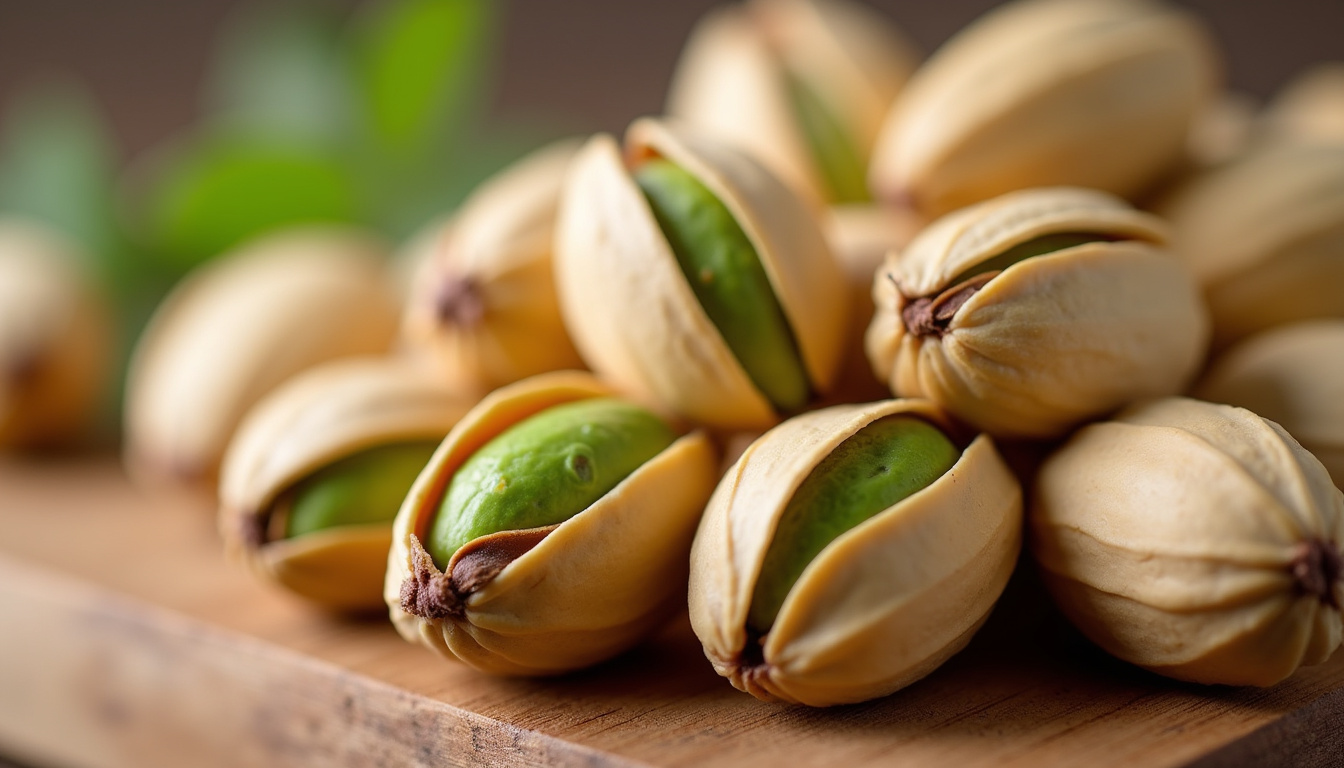 Pistaches crues fraîches avec coque ouverte révélant la graine verte