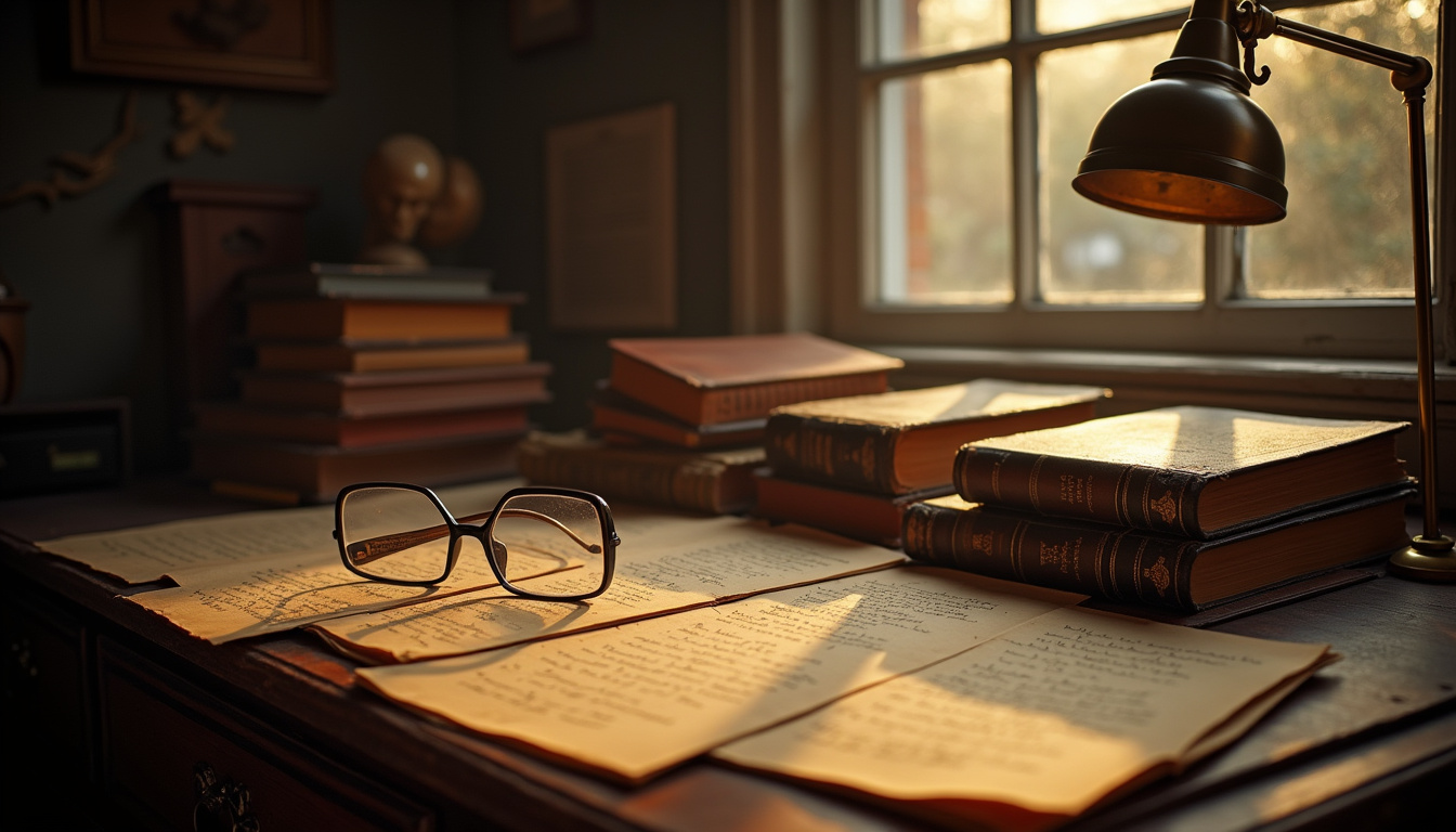 Représentation des ouvrages fondateurs de Sigmund Freud sur un bureau avec des manuscrits