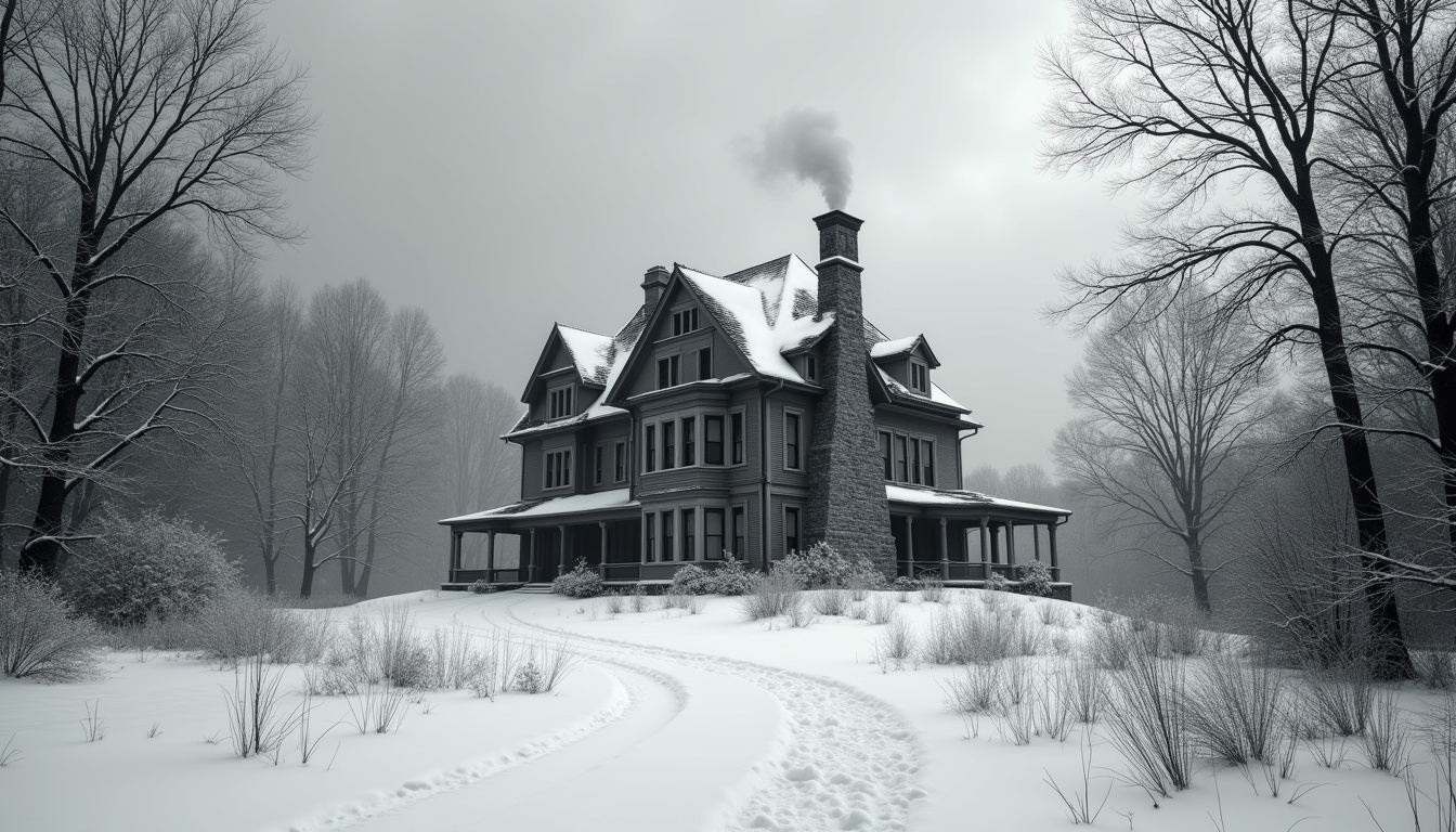 Représentation stylisée d'une grande maison isolée entourée de neige, en noir et blanc, évoquant une ambiance de thriller psychologique