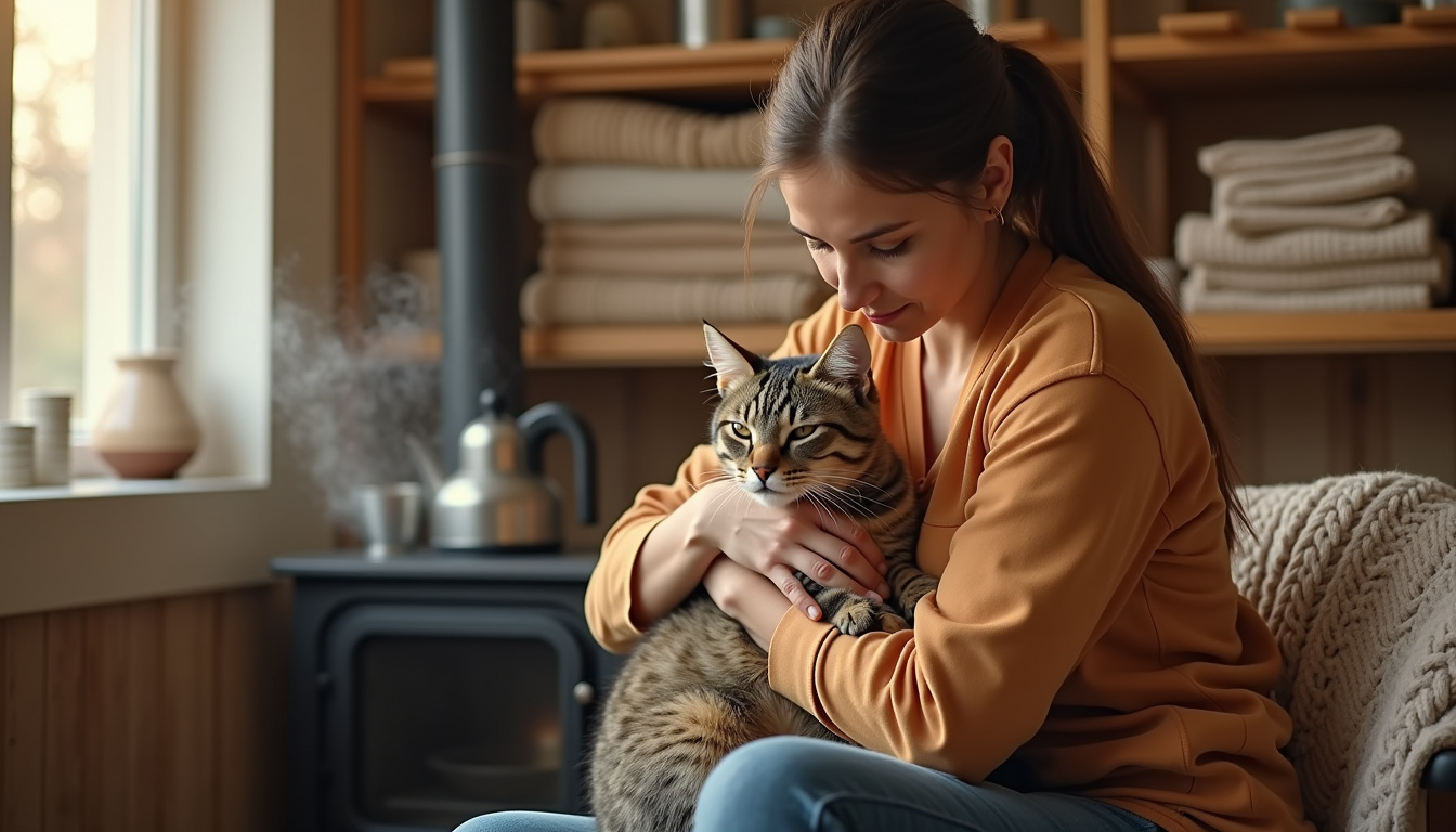 Bénévole en train de soigner un chat dans un refuge, ambiance chaleureuse et humaine