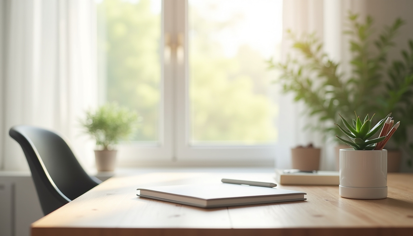 Bureau de travail ordonné avec des éléments de décoration apaisants, plantes et lumière naturelle
