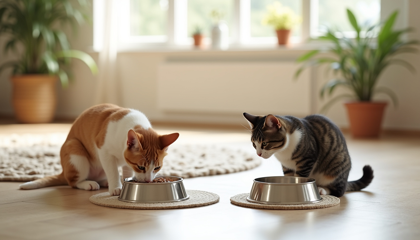 Chat et chien en train de manger dans des gamelles séparées, dans un environnement domestique calme et propre