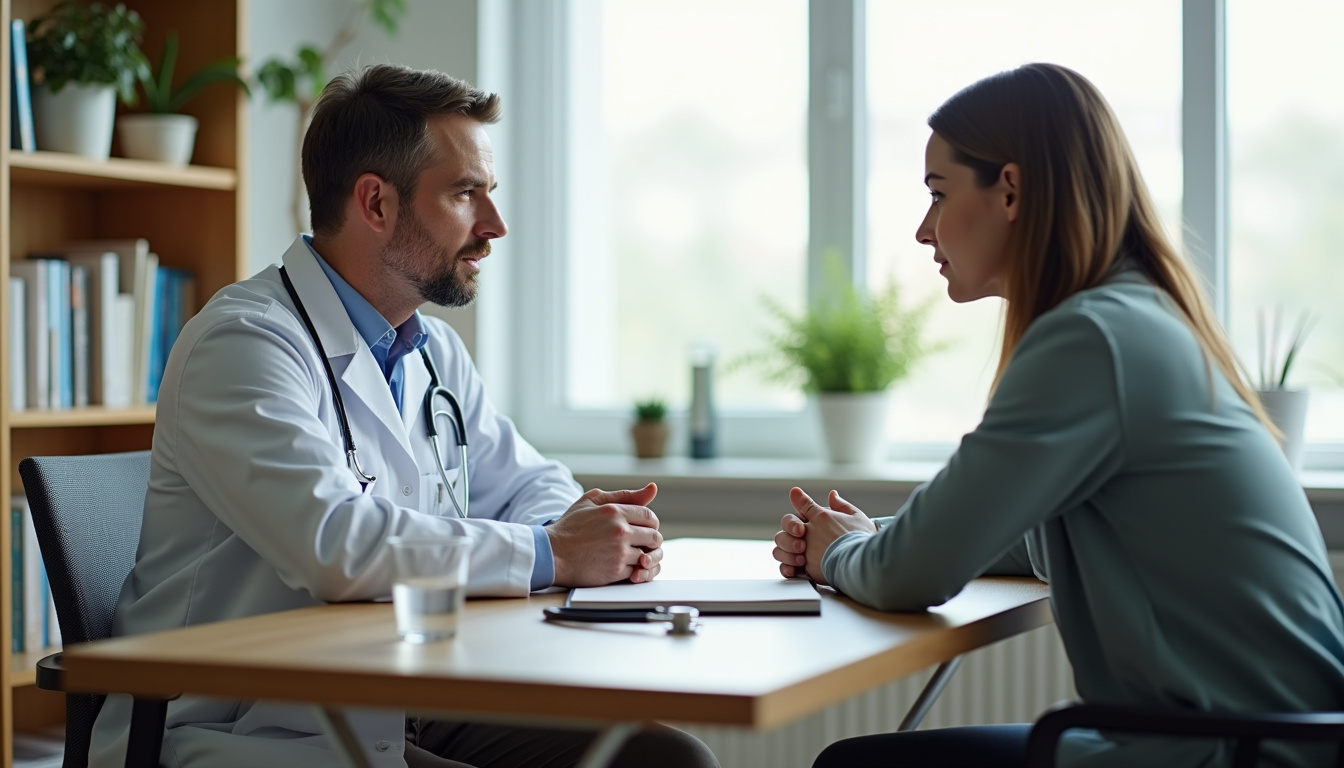 Consultation médicale entre un salarié et son médecin traitant pour évaluer la possibilité d'un mi-temps thérapeutique